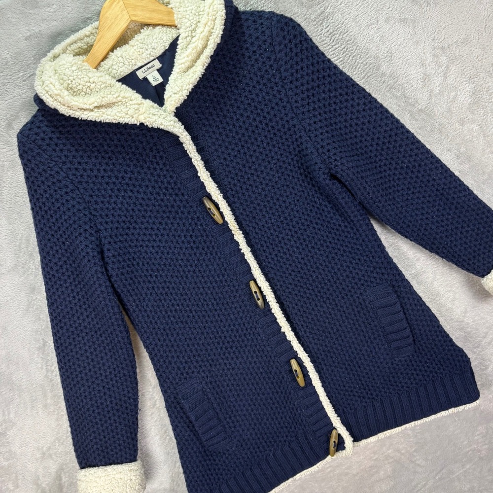 Warm + cozy L.L. Bean Navy and Cream Hooded Cardigan